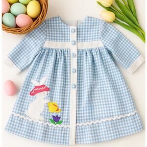 Vintage 1980s Baby Girl Easter Dress Blue Gingham Bunny & Tulip Teapot 18 Months